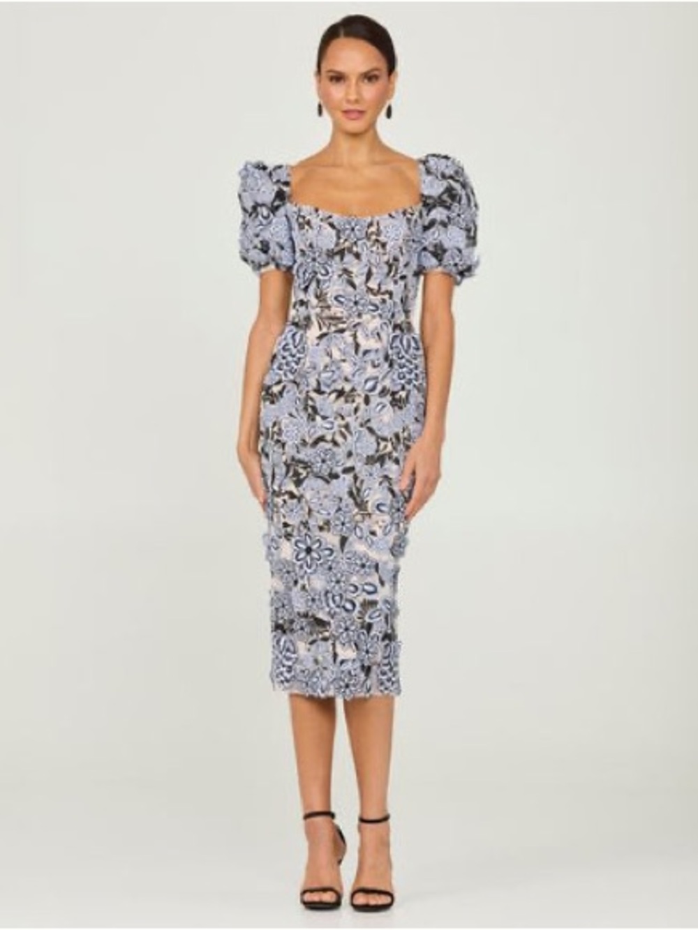 HELSI Lucia Puffy Sleeve Floral Lace Midi Dress in Black & White Size XS NWT